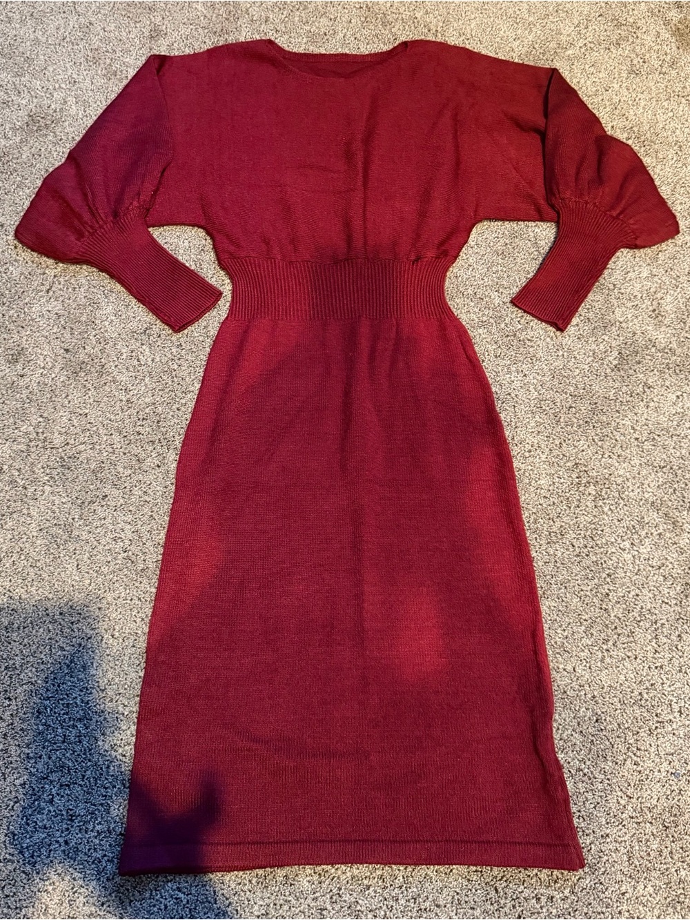 Long-Sleeve Ribbed Waist Knit Dress in Deep Wine